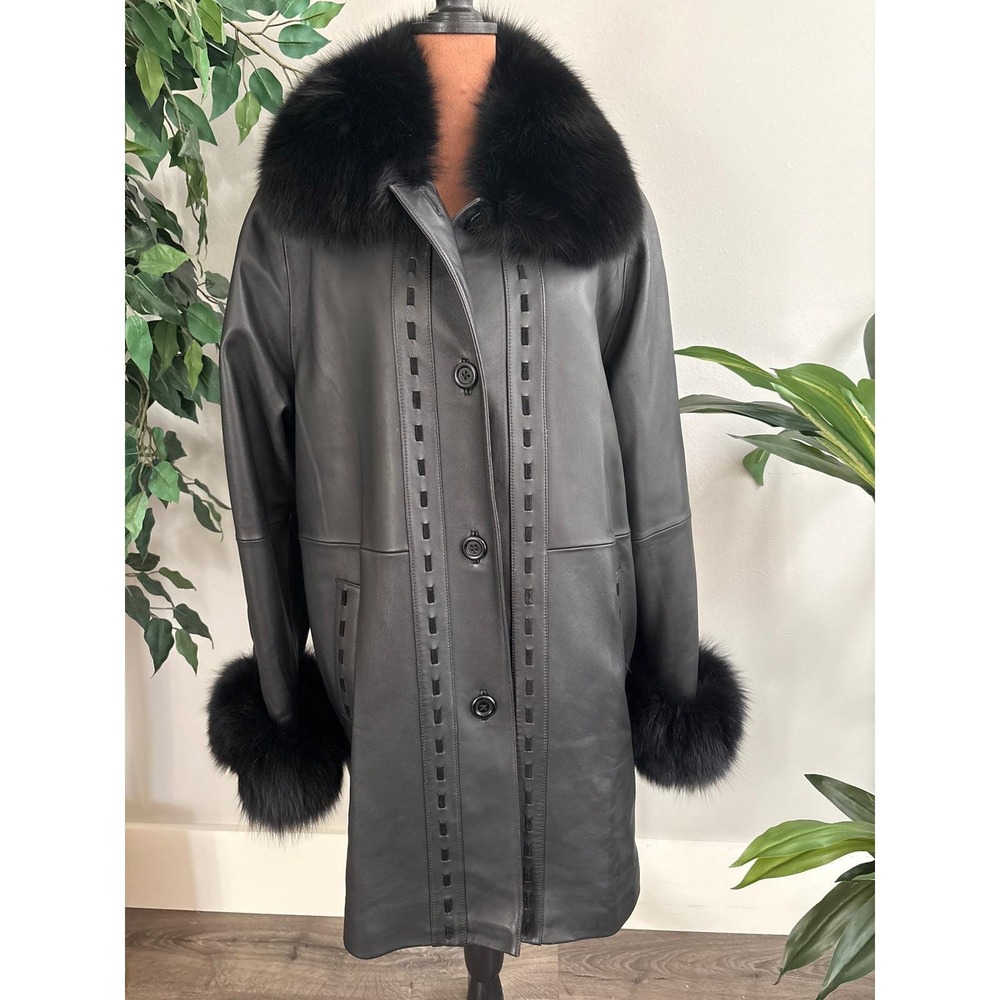 Vintage‎ High End Black Leather Long Coat Fox Collar & Wrist Jacket Women Med